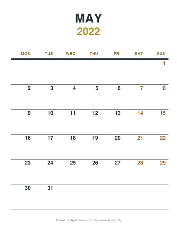 May 2022 Monthly Calendar - Monday Start