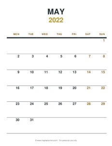 May 2022 Monthly Calendar - Monday Start