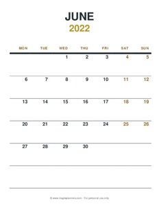June 2022 Monthly Calendar - Monday Start