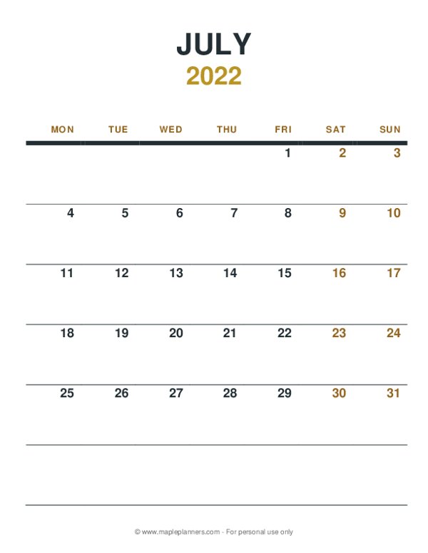 July 2022 Monthly Calendar - Monday Start