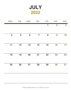 July 2022 Monthly Calendar - Monday Start