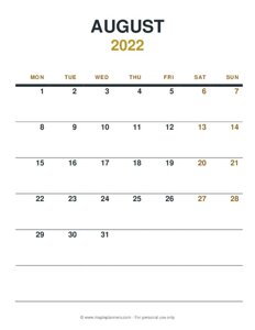 August 2022 Monthly Calendar - Monday Start