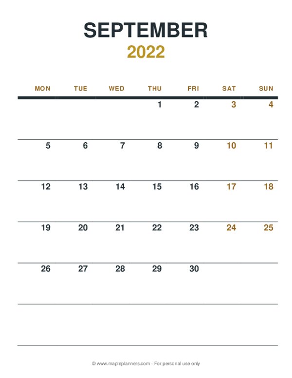 September 2022 Monthly Calendar - Monday Start