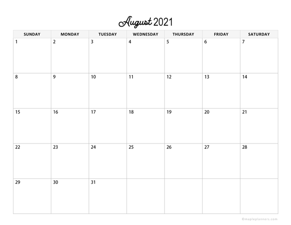 Minimalist August Calendar 2021 Horizontal