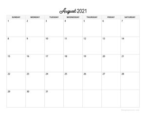 Minimalist August Calendar 2021 Horizontal