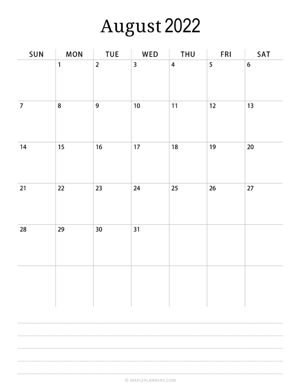 Minimalist August Calendar 2022 (Vertical)