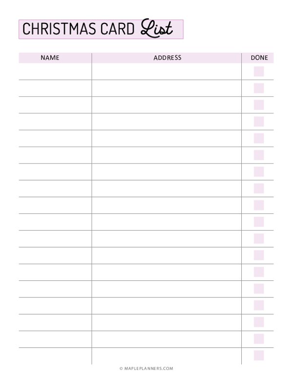 Free Printable Christmas Card List Template