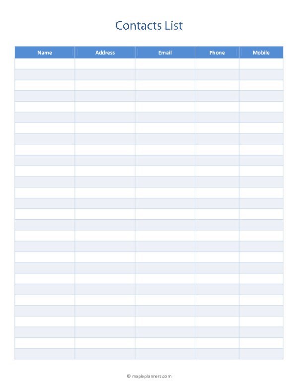 Free Printable Contact List Template Free Printable Contact List Template