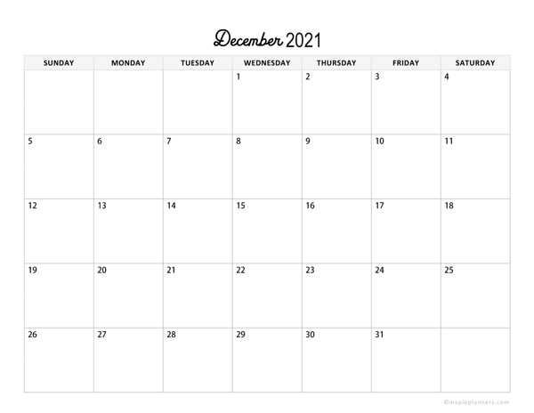 Minimalist December Calendar 2021 Horizontal