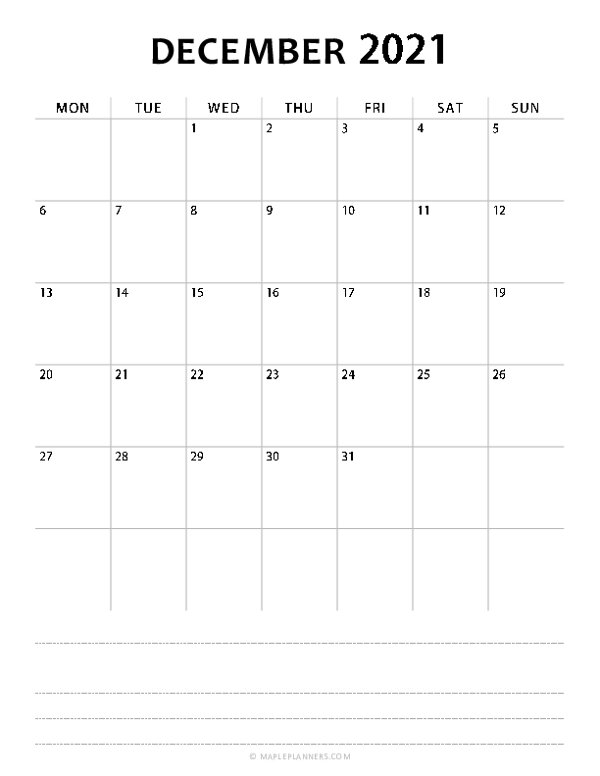 December Calendar 2021 (Monday Start)