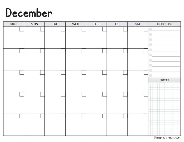 December Calendar Template (Undated)
