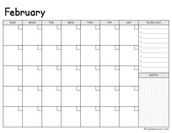 February Calendar Template (Undated)