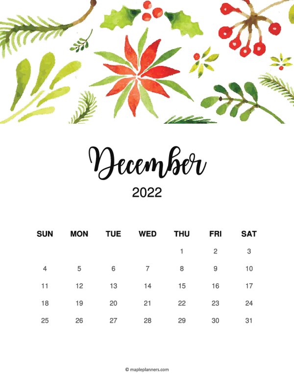 Floral December 2022 Calendar