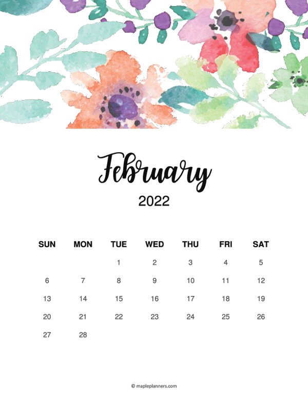 Floral February 2022 Calendar