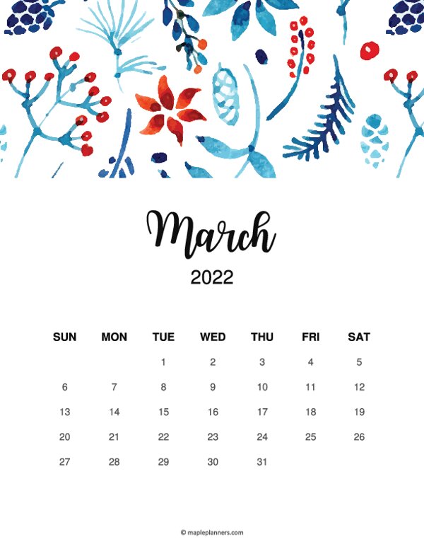 Floral March 2022 Calendar