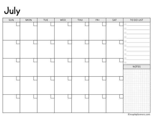 July Calendar Template (Undated)