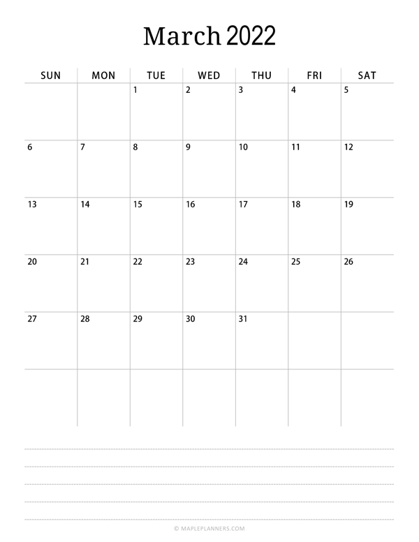 Minimalist March Calendar 2022 (Vertical)