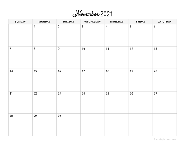 Minimalist November Calendar 2021 Horizontal