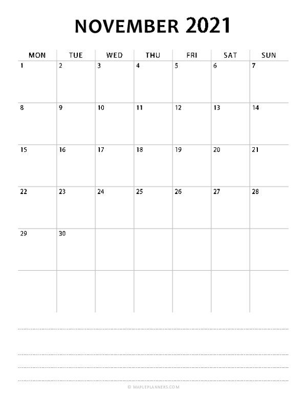 November Calendar 2021 (Monday Start)