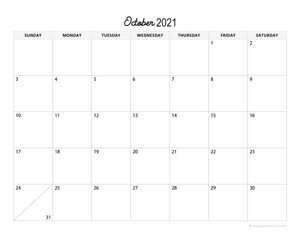 Minimalist October Calendar 2021 Horizontal