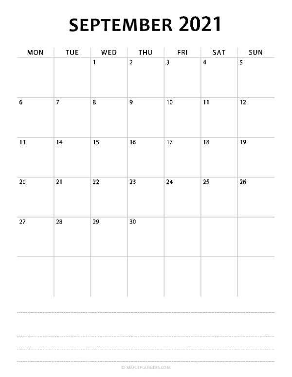 September Calendar 2021 (Monday Start)
