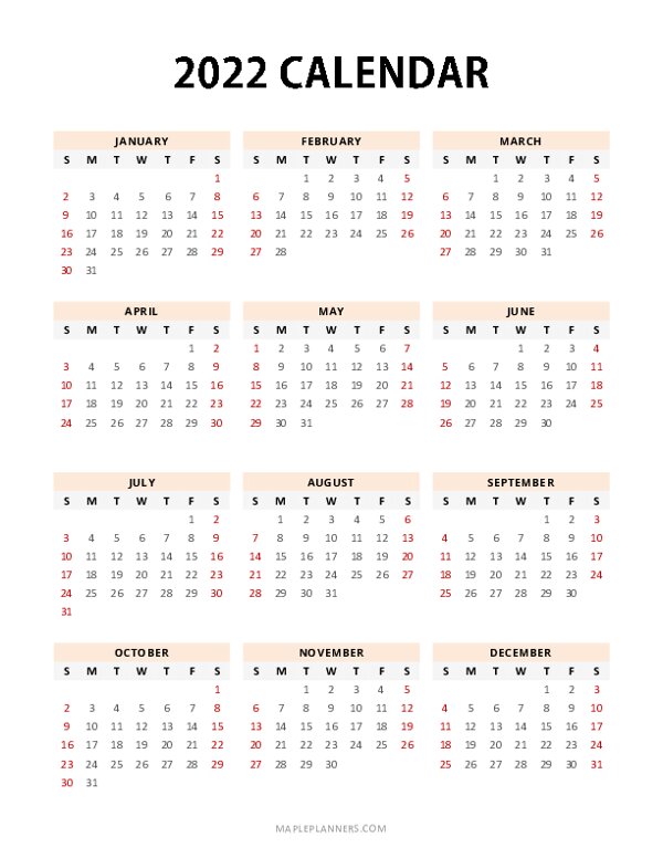 Portrait Calendar 2022 Free Printable 2022 Yearly Calendar Template - Portrait