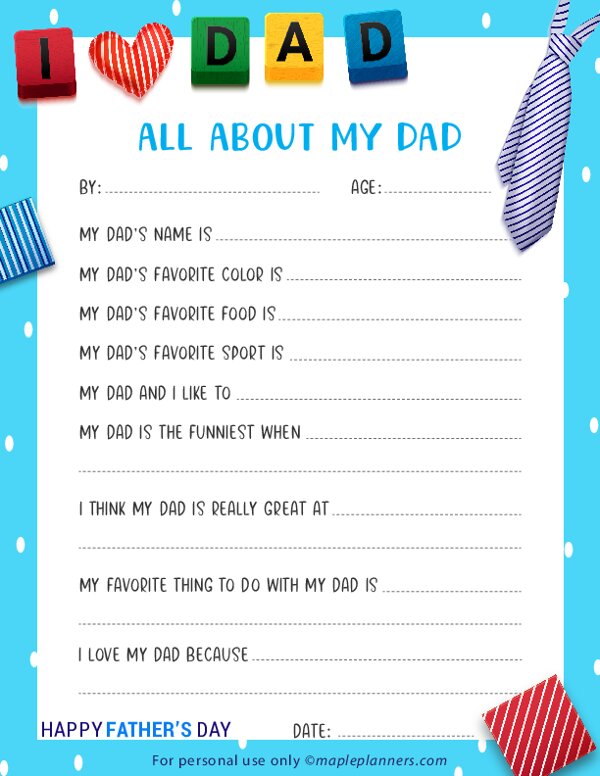 All About My Dad Fathers Day Printables