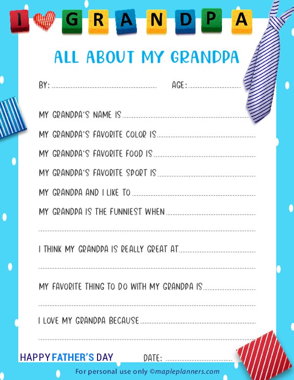 All About My Grandpa Printable for Fathers Day