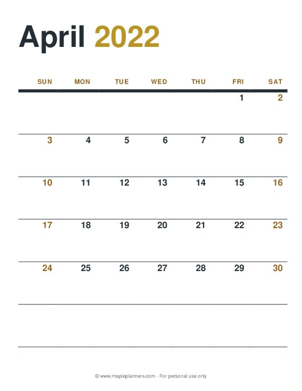 April 2022 Monthly Calendar