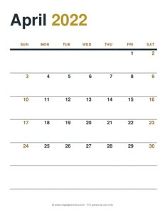 April 2022 Monthly Calendar