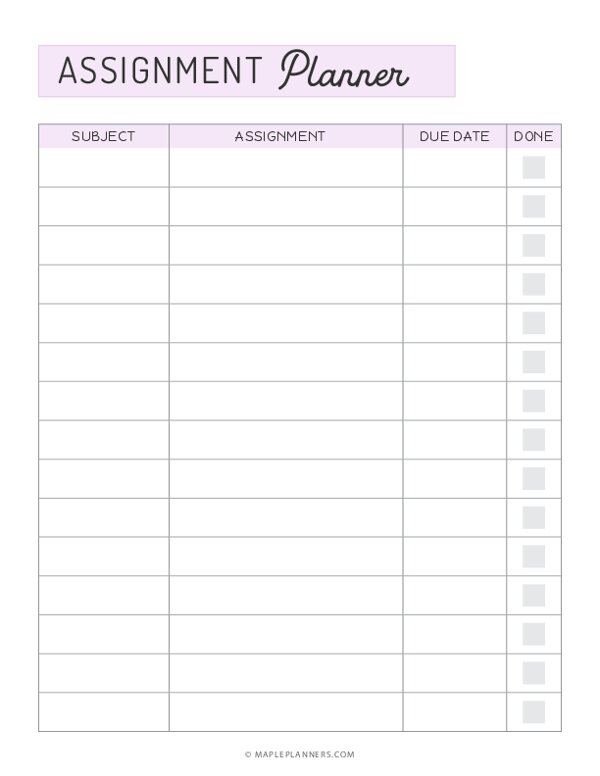 assignment organizer sheet
