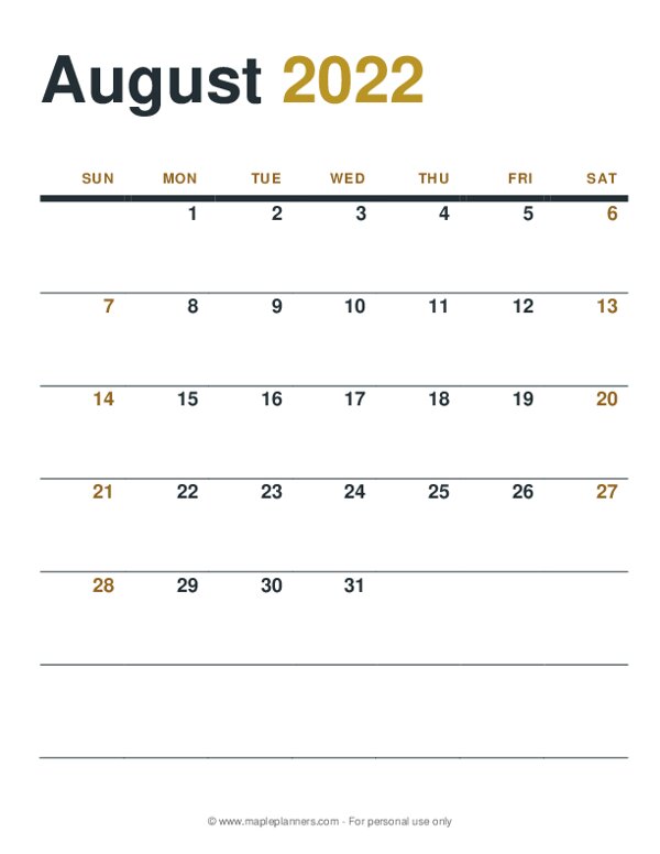 August 2022 Monthly Calendar