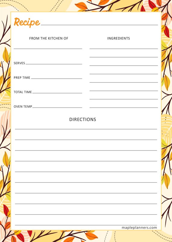 Free Printable Autumn Recipe Card Template 5x7