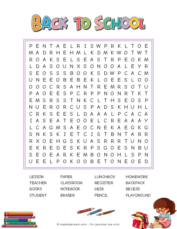 Back to School Word Search