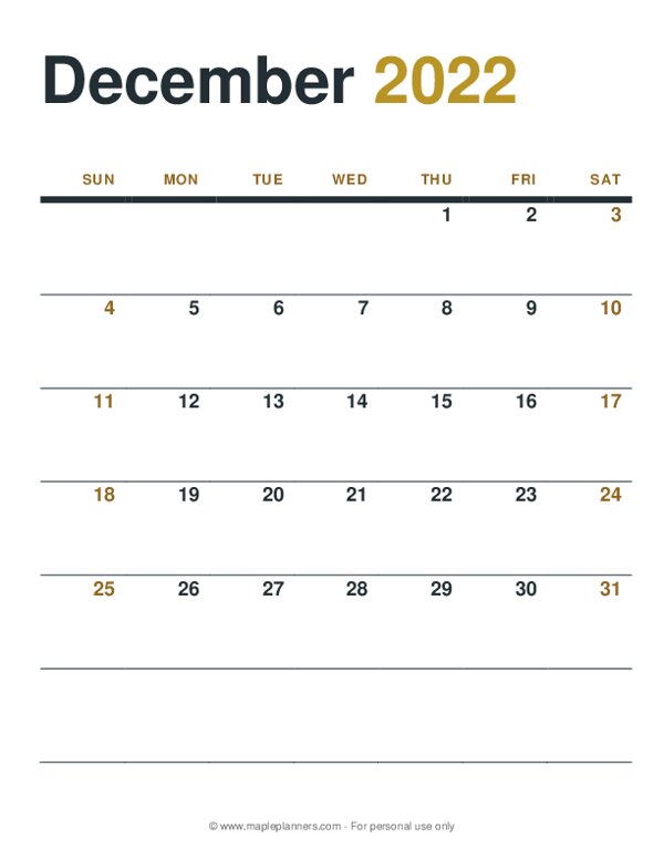 December 2022 Monthly Calendar