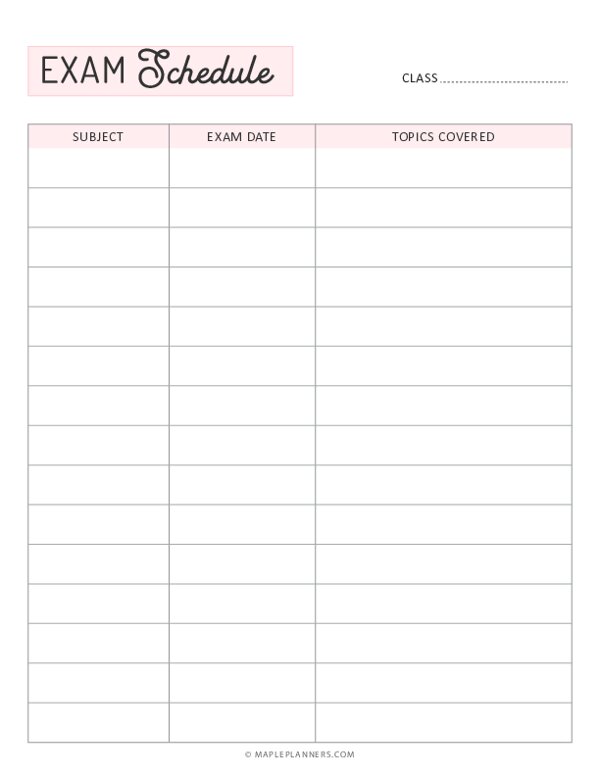 Free Printable Exam Schedule Template