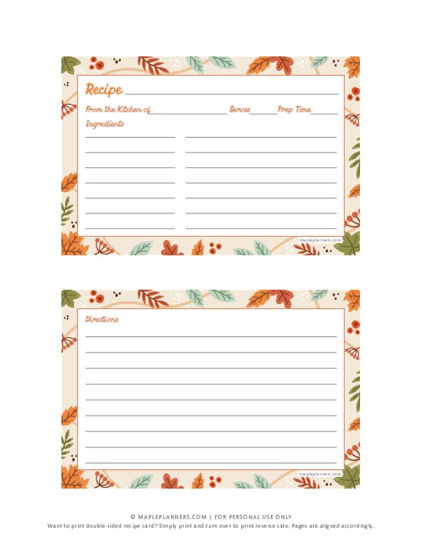 Printable Fall Recipe Cards on 4x6