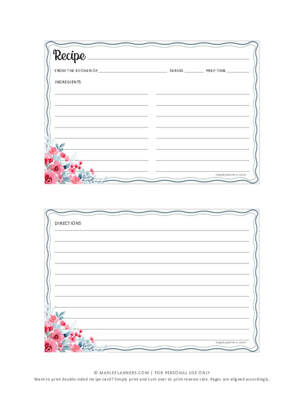 Floral Recipe Cards Template on 4x6