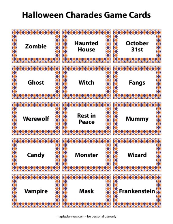 Halloween Charades Game Cards Printable