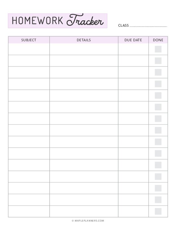 homework log template free