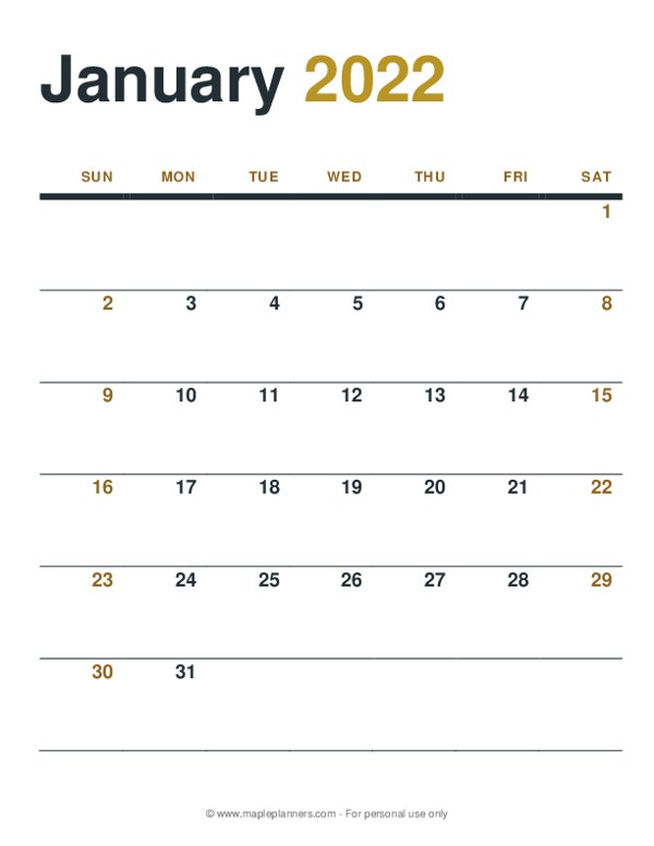 January 2022 Monthly Calendar