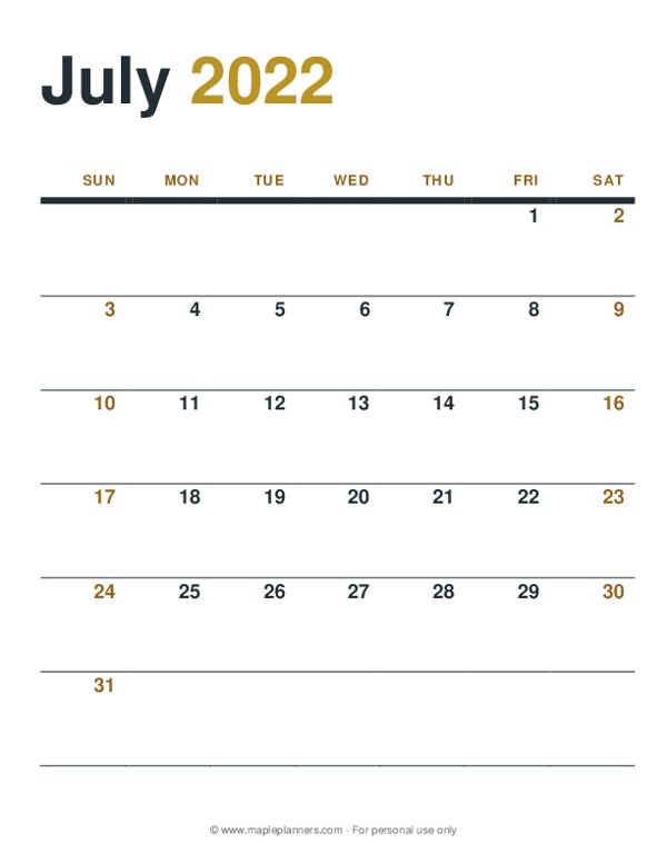 July 2022 Monthly Calendar