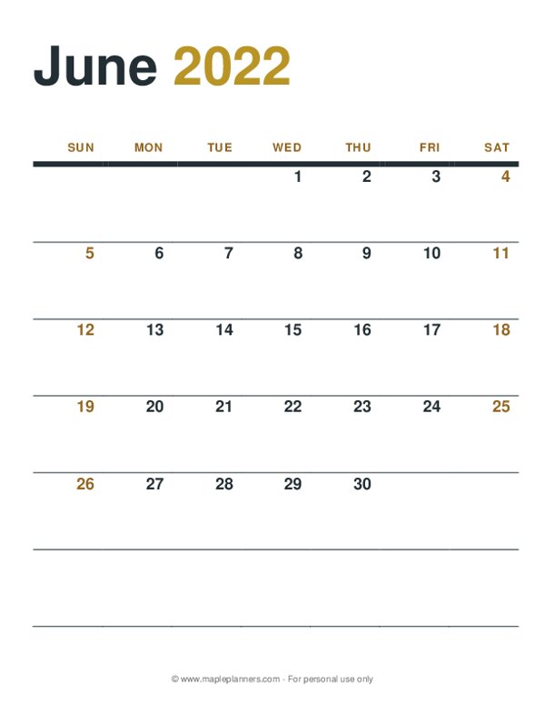 June 2022 Monthly Calendar