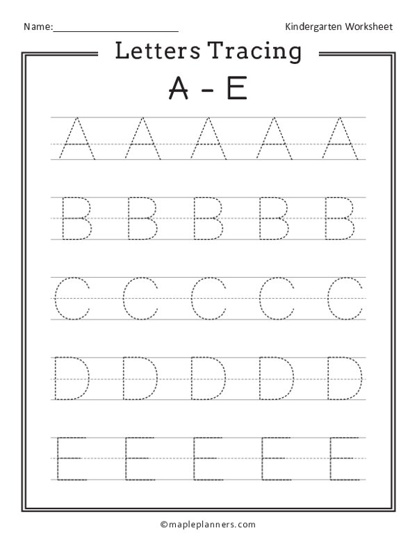 Letter Tracing A-E Worksheets for Kindergarten