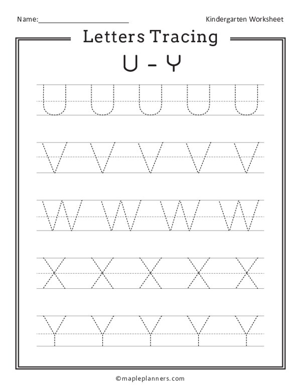 Letter Tracing U-Y Worksheets