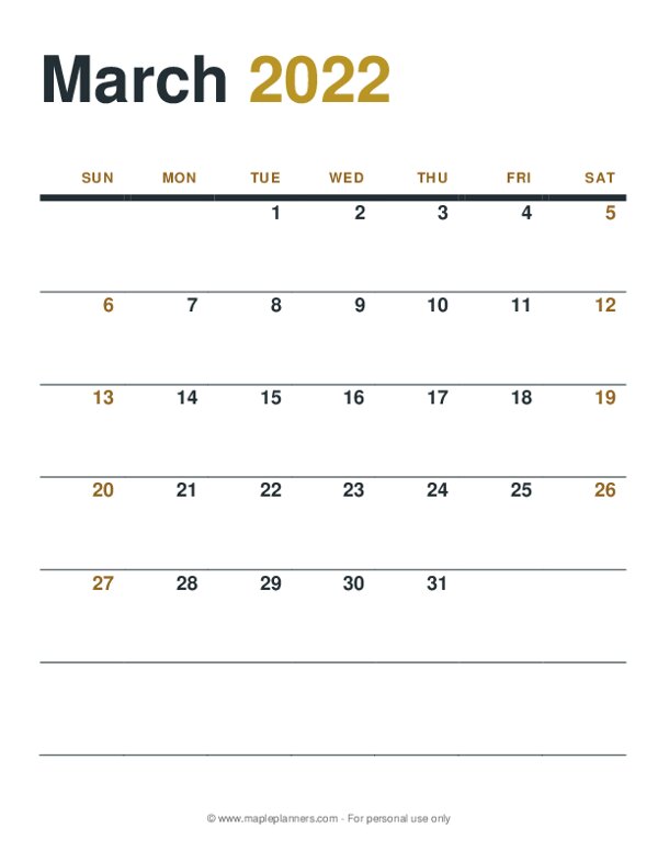 March 2022 Monthly Calendar