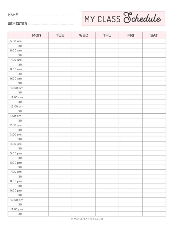 56 Free Printable Weekly Class Schedule Template Pdf Templates By