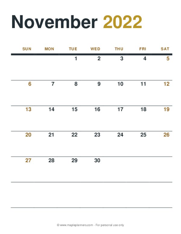 November 2022 Monthly Calendar