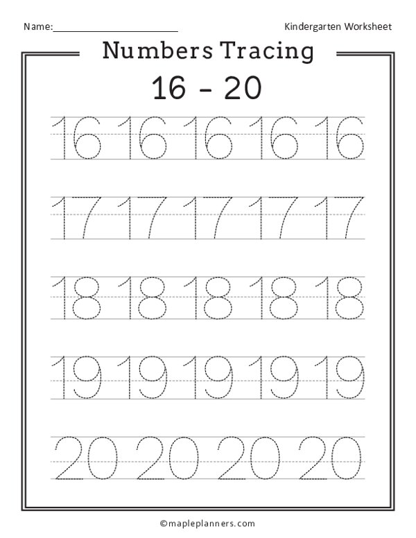 Numbers 16-20 Tracing Worksheets