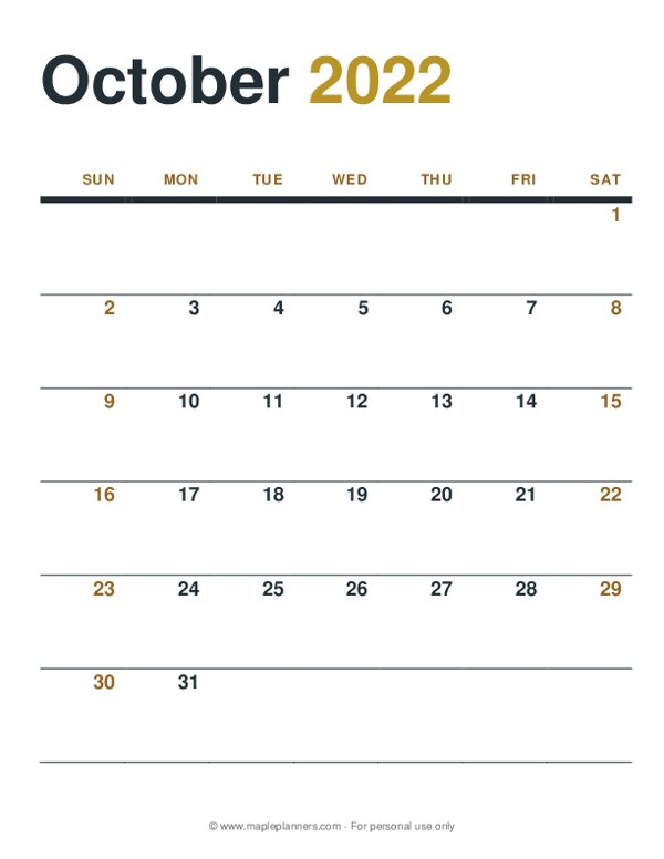 October 2022 Monthly Calendar